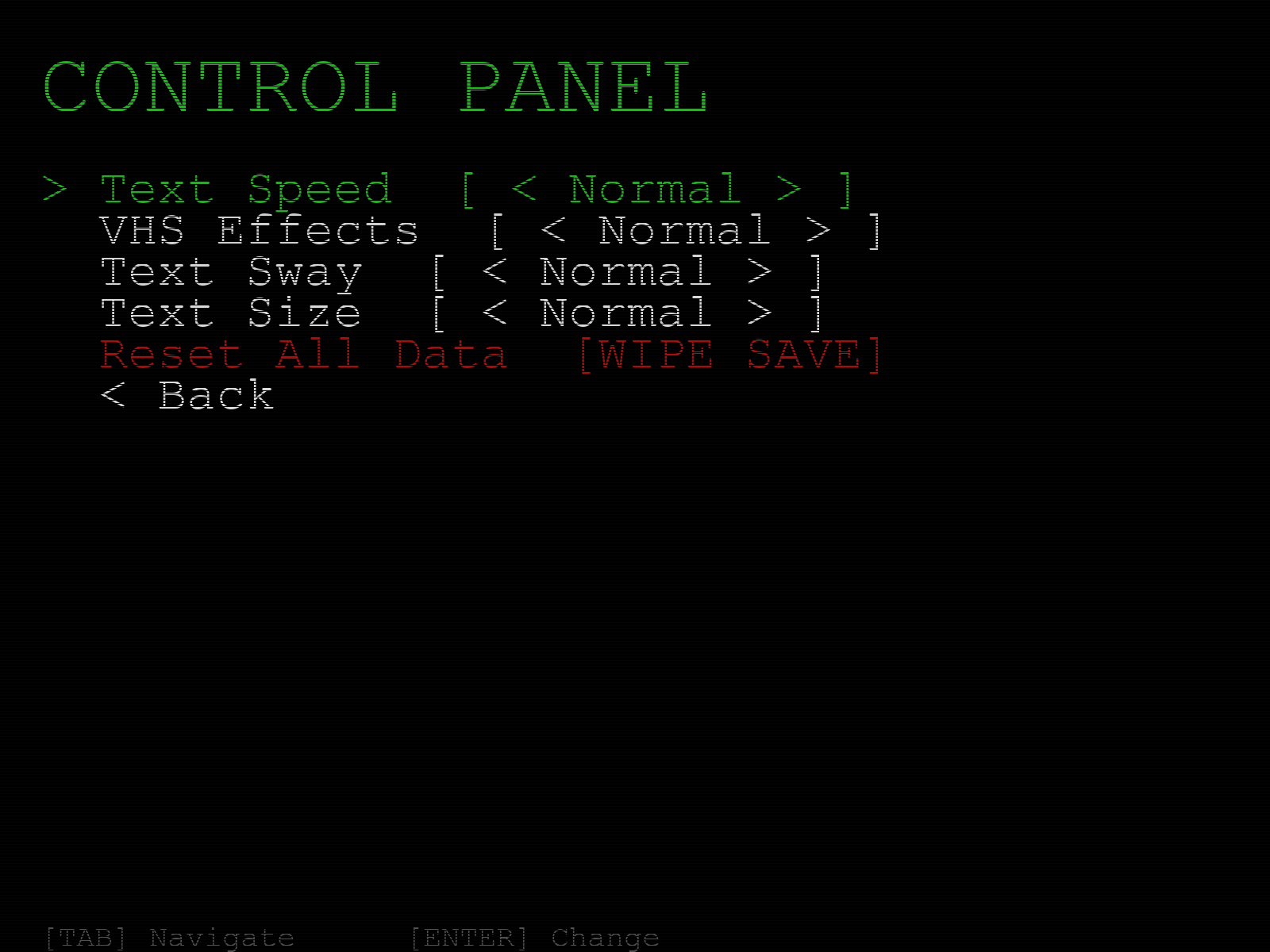 The Question Game v2.02 — the control panel settings screen