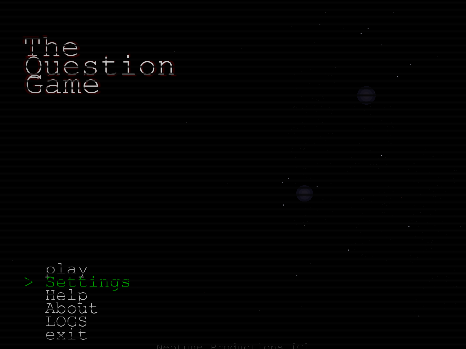 The Question Game v2.02 — title screen, glowing text over drifting ash